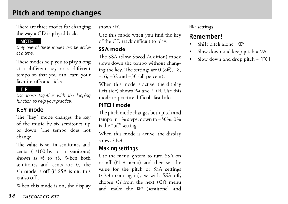 Pitch and tempo changes, Remember | Teac CD-BT1 User Manual | Page 14 / 20