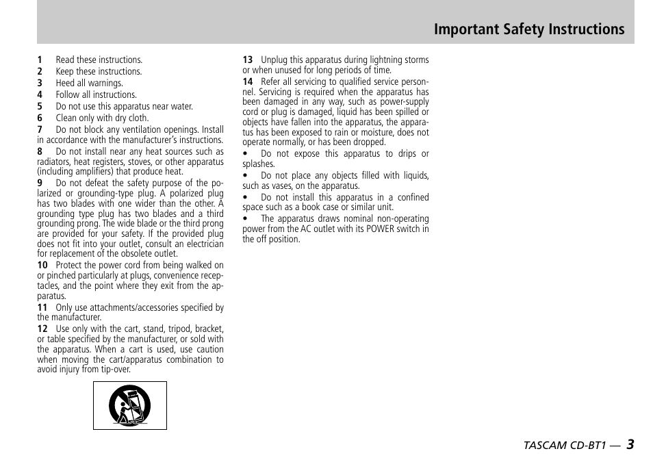 Important safety instructions | Teac CD-BT1 User Manual | Page 3 / 20