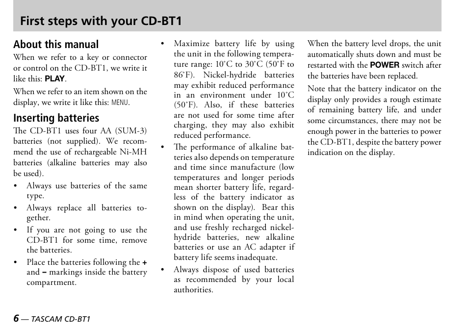 First steps with your cd-bt1, About this manual, Inserting batteries | Teac CD-BT1 User Manual | Page 6 / 20