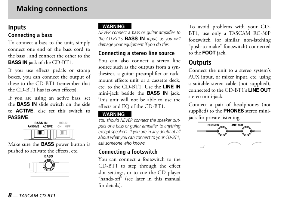 Making connections, Inputs, Outputs | Teac CD-BT1 User Manual | Page 8 / 20