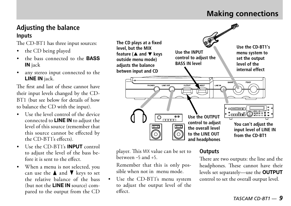 Making connections, Adjusting the balance | Teac CD-BT1 User Manual | Page 9 / 20