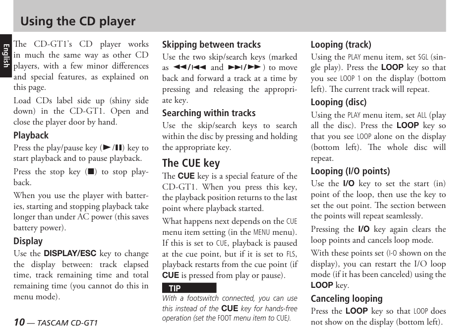 Using the cd player, The cue key | Teac CD-GT1 User Manual | Page 10 / 68