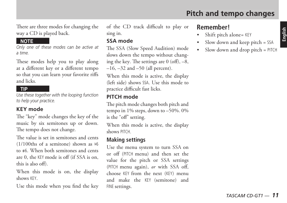 Pitch and tempo changes, Remember | Teac CD-GT1 User Manual | Page 11 / 68