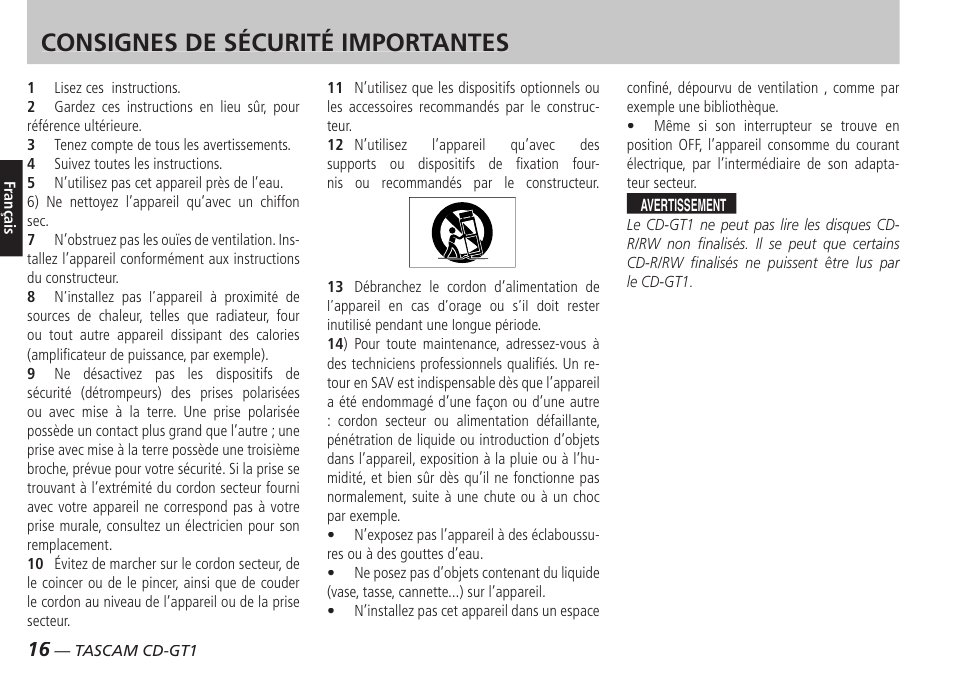 Français, Consignes de sécurité importantes | Teac CD-GT1 User Manual | Page 16 / 68