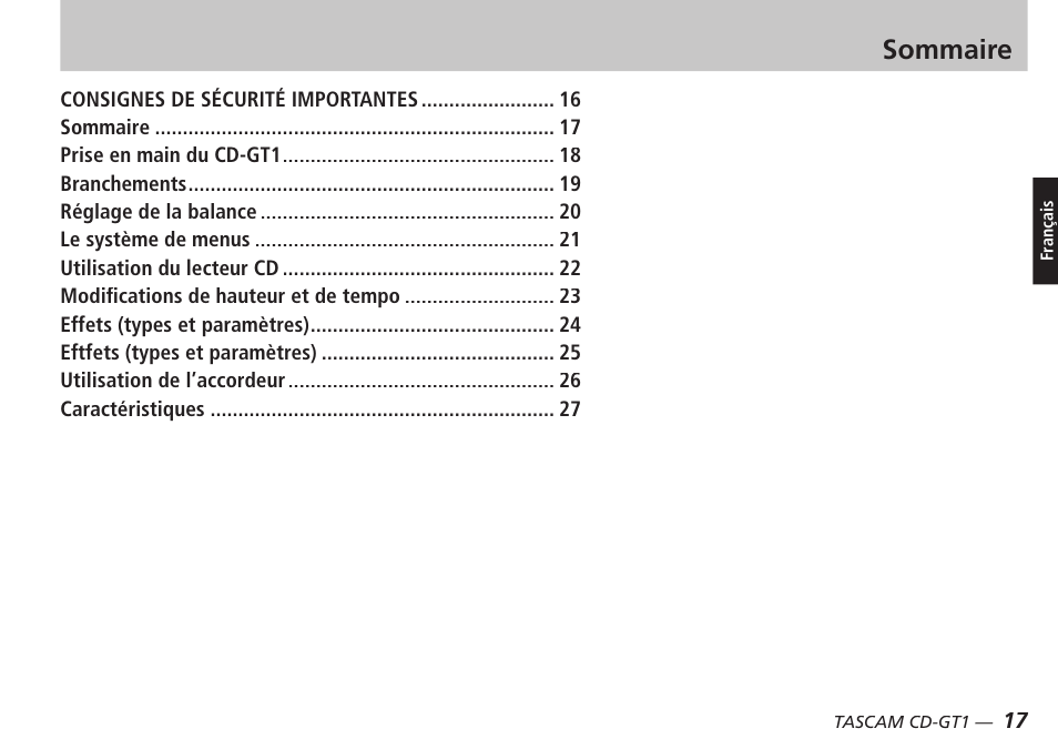 Sommaire | Teac CD-GT1 User Manual | Page 17 / 68