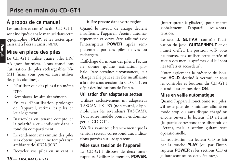 Prise en main du cd-gt1, À propos de ce manuel, Mise en place des piles | Teac CD-GT1 User Manual | Page 18 / 68