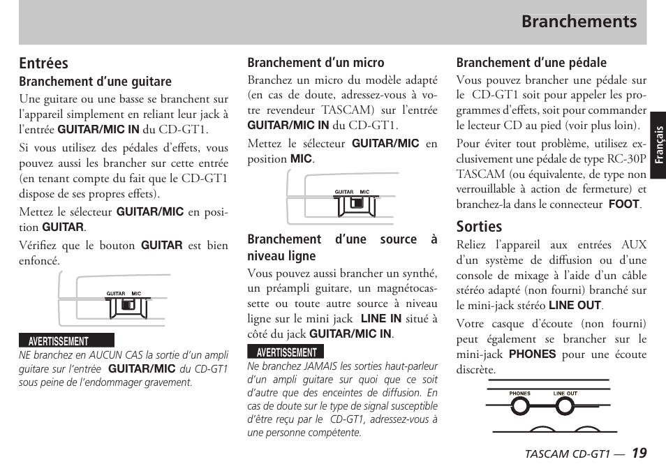 Branchements, Entrées, Sorties | Teac CD-GT1 User Manual | Page 19 / 68