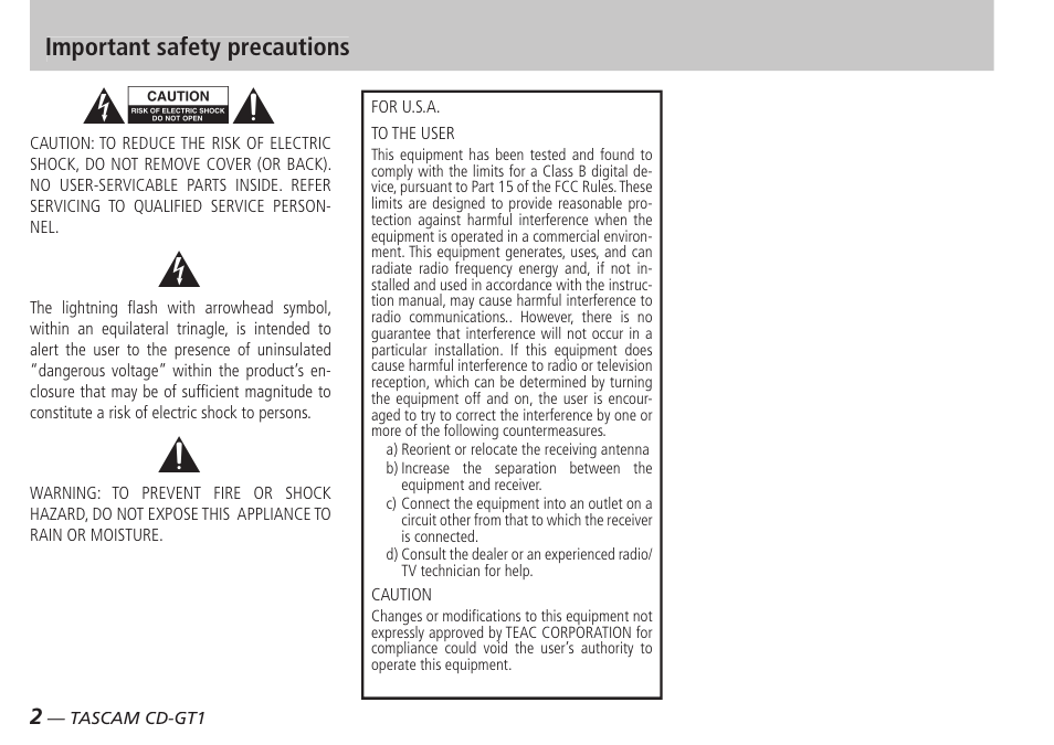 Important safety precautions | Teac CD-GT1 User Manual | Page 2 / 68