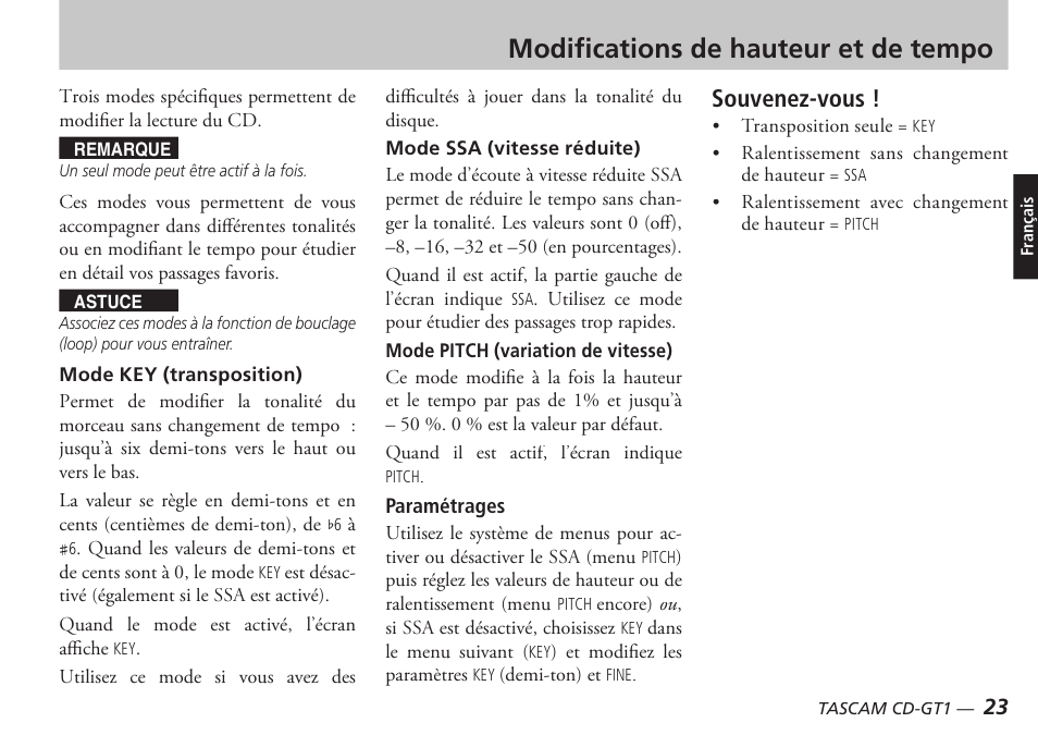 Modifi cations de hauteur et de tempo, Souvenez-vous | Teac CD-GT1 User Manual | Page 23 / 68