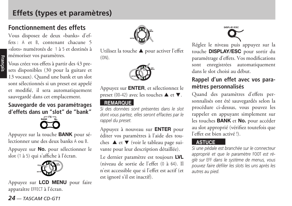 Effets (types et paramètres), Fonctionnement des effets | Teac CD-GT1 User Manual | Page 24 / 68