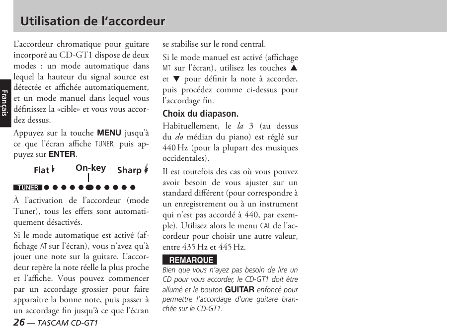 Utilisation de l’accordeur | Teac CD-GT1 User Manual | Page 26 / 68