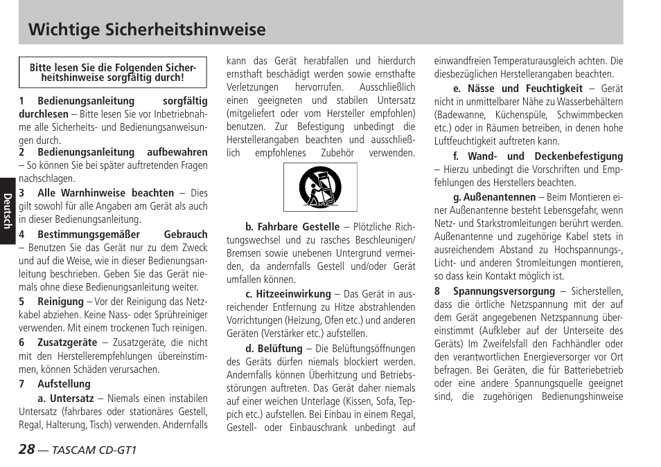 Deutsch, Wichtige sicherheitshinweise | Teac CD-GT1 User Manual | Page 28 / 68