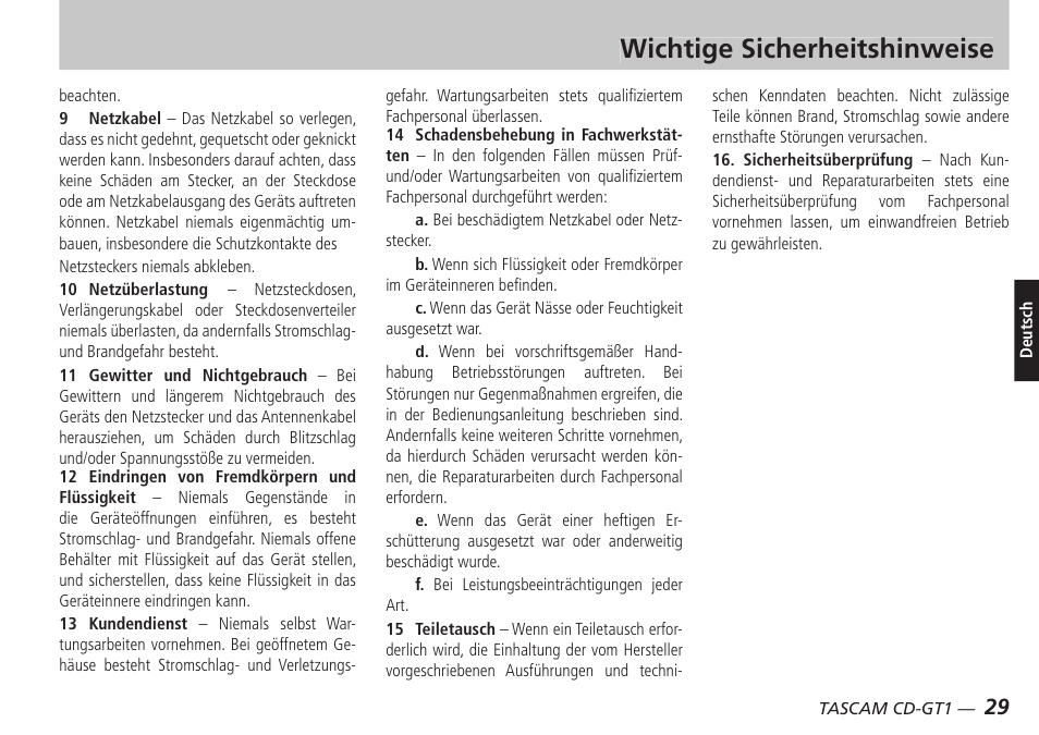 Wichtige sicherheitshinweise | Teac CD-GT1 User Manual | Page 29 / 68