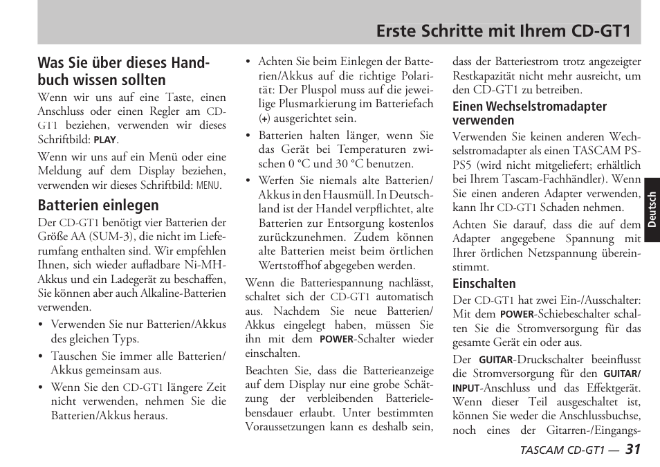 Erste schritte mit ihrem cd-gt1, Was sie über dieses hand- buch wissen sollten, Batterien einlegen | Teac CD-GT1 User Manual | Page 31 / 68