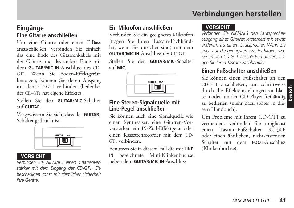 Verbindungen herstellen, Eingänge | Teac CD-GT1 User Manual | Page 33 / 68