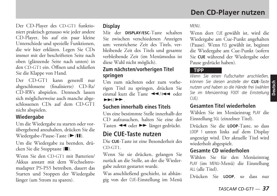 Den cd-player nutzen, Die cue-taste nutzen | Teac CD-GT1 User Manual | Page 37 / 68