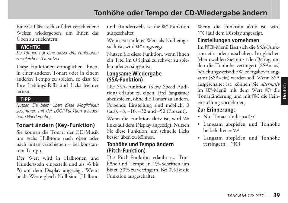 Tonhöhe oder tempo der cd-wiedergabe ändern | Teac CD-GT1 User Manual | Page 39 / 68