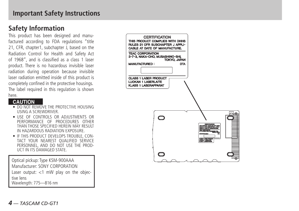 Safety information, Important safety instructions | Teac CD-GT1 User Manual | Page 4 / 68