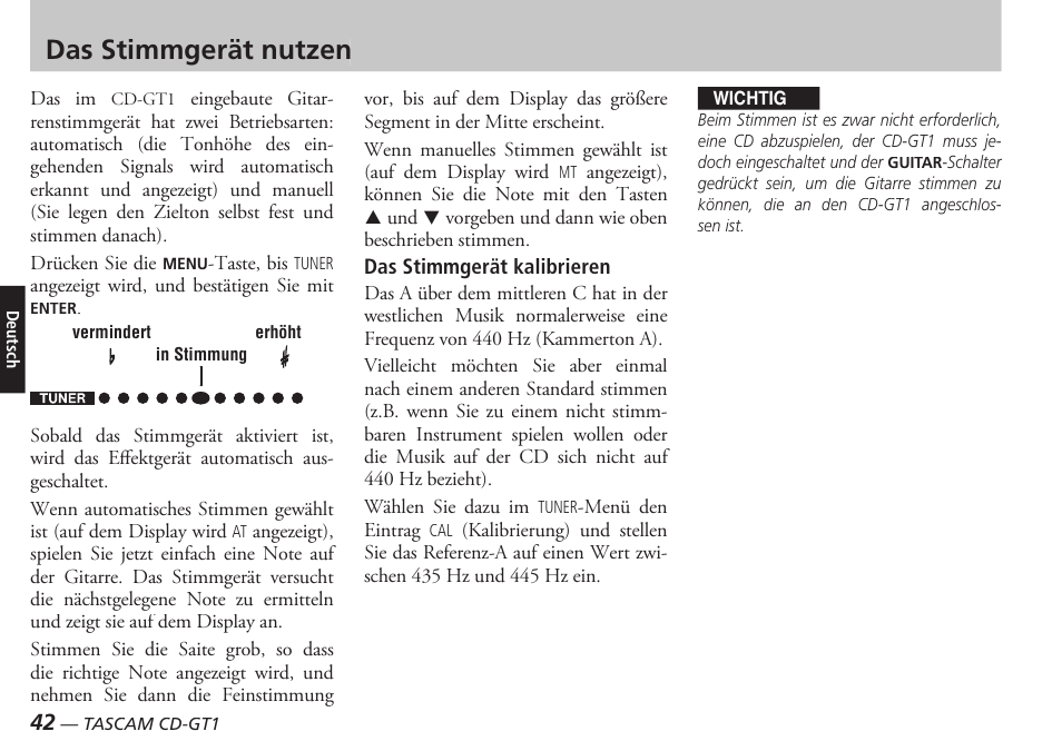 Das stimmgerät nutzen | Teac CD-GT1 User Manual | Page 42 / 68