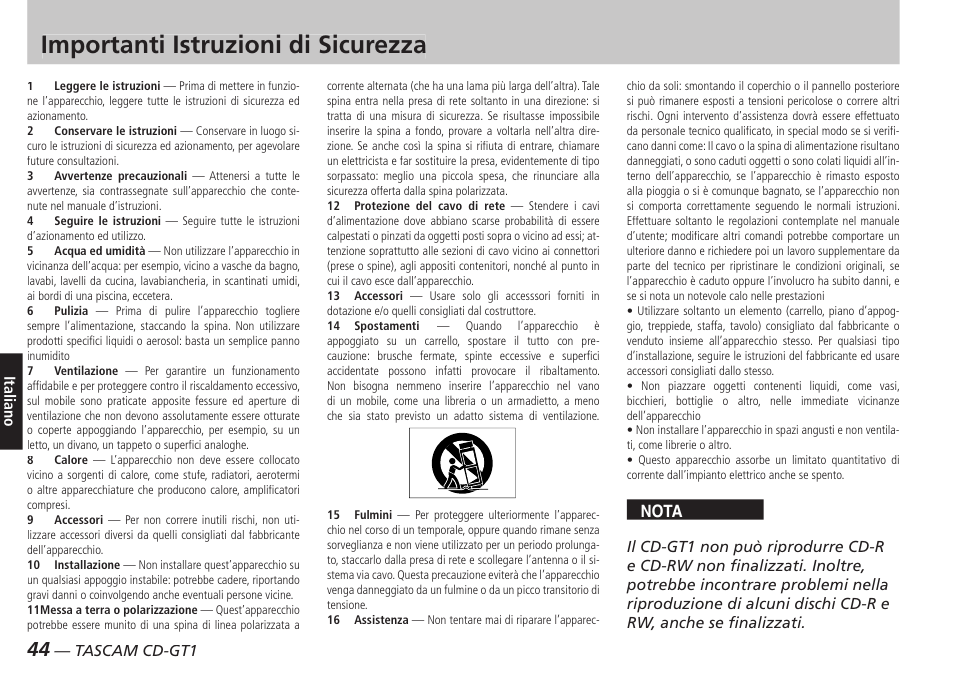 Italiano, Importanti istruzioni di sicurezza | Teac CD-GT1 User Manual | Page 44 / 68