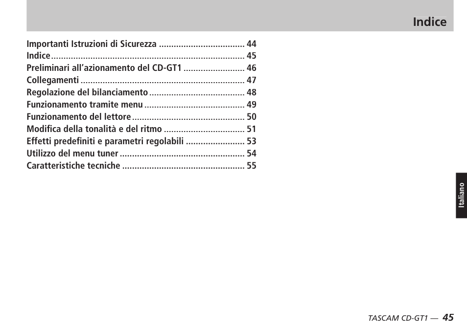 Indice | Teac CD-GT1 User Manual | Page 45 / 68