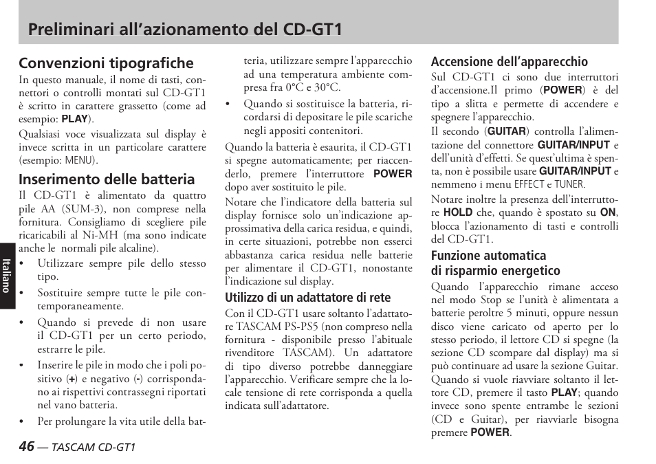 Preliminari all’azionamento del cd-gt1, Convenzioni tipografi che, Inserimento delle batteria | Teac CD-GT1 User Manual | Page 46 / 68