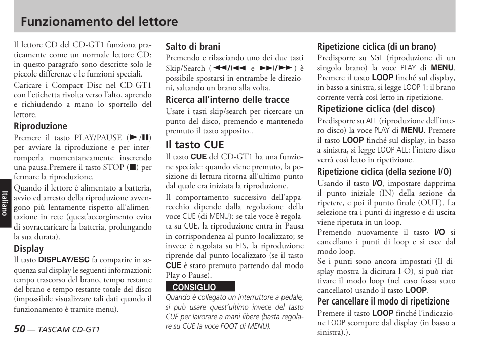Funzionamento del lettore, Il tasto cue | Teac CD-GT1 User Manual | Page 50 / 68