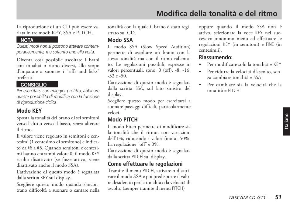 Modifi ca della tonalità e del ritmo | Teac CD-GT1 User Manual | Page 51 / 68