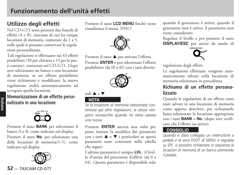 Funzionamento dell’unità effetti, Utilizzo degli effetti | Teac CD-GT1 User Manual | Page 52 / 68