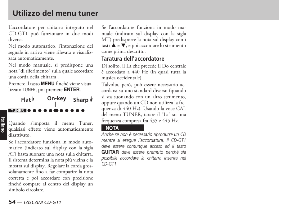 Utilizzo del menu tuner | Teac CD-GT1 User Manual | Page 54 / 68