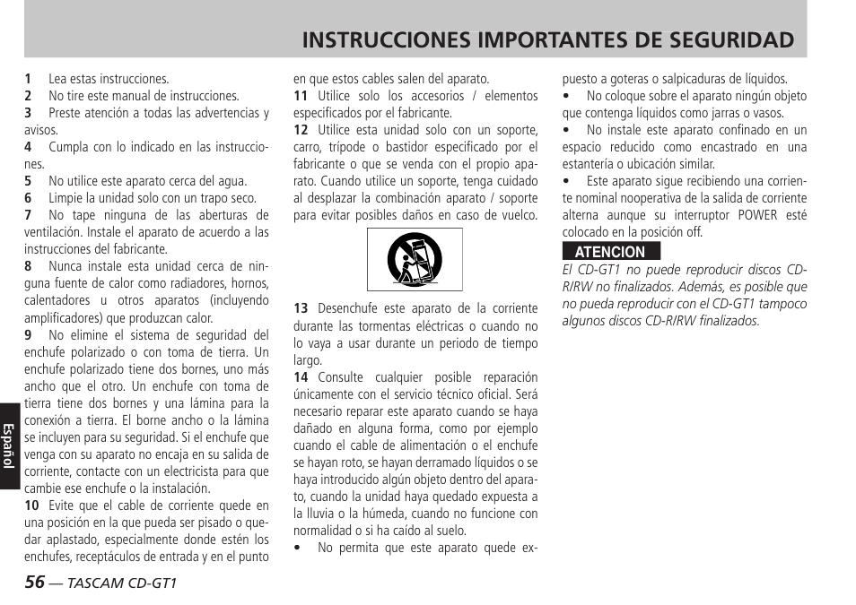 Español, Instrucciones importantes de seguridad | Teac CD-GT1 User Manual | Page 56 / 68