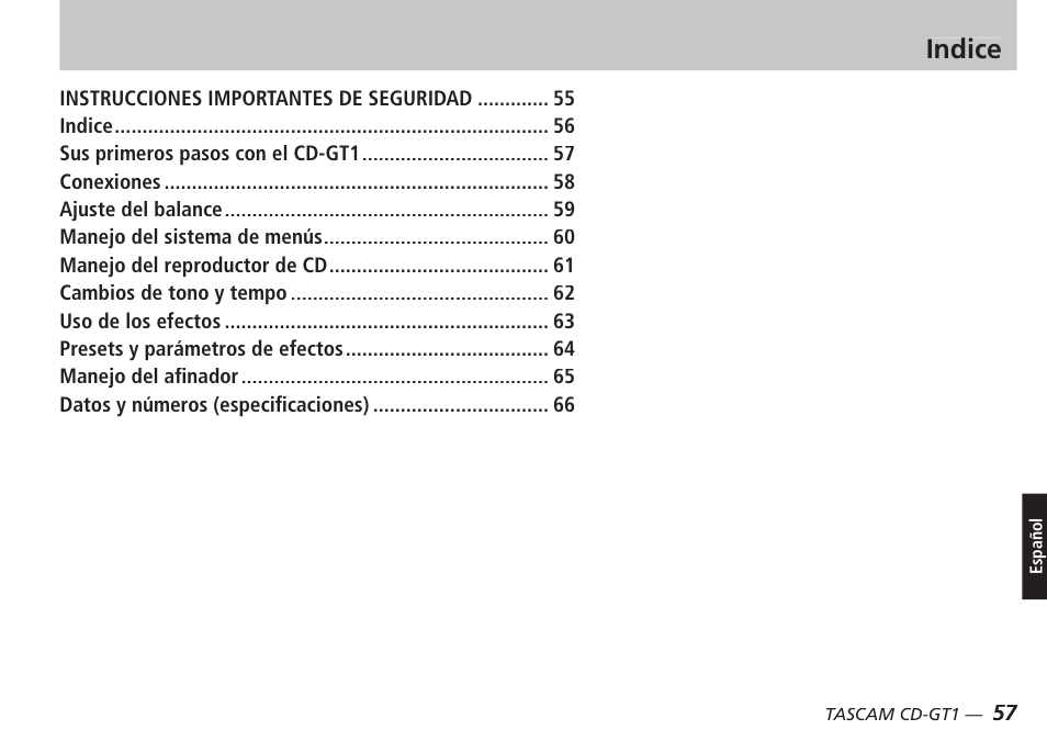 Indice | Teac CD-GT1 User Manual | Page 57 / 68