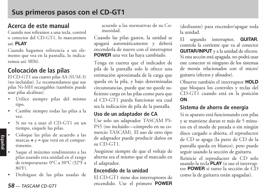 Sus primeros pasos con el cd-gt1, Acerca de este manual, Colocación de las pilas | Teac CD-GT1 User Manual | Page 58 / 68