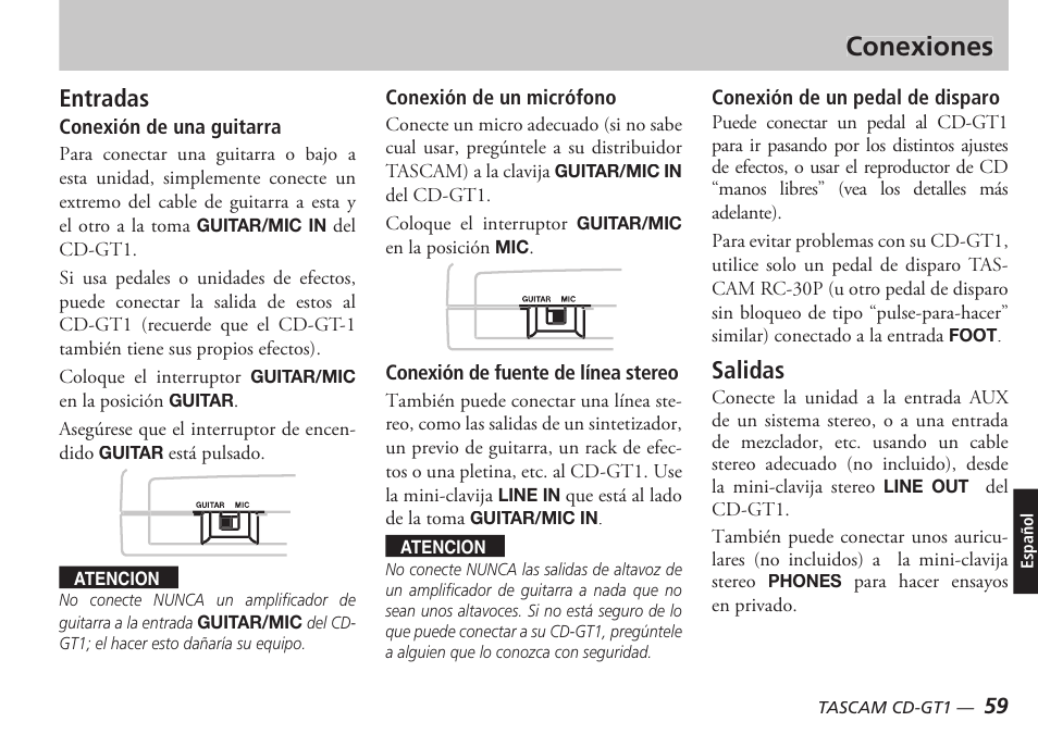 Conexiones, Entradas, Salidas | Teac CD-GT1 User Manual | Page 59 / 68