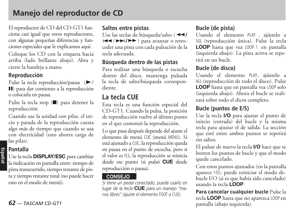 Manejo del reproductor de cd, La tecla cue | Teac CD-GT1 User Manual | Page 62 / 68