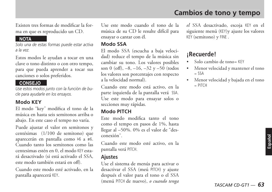 Cambios de tono y tempo, Recuerde | Teac CD-GT1 User Manual | Page 63 / 68