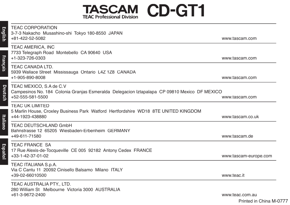 Cd-gt1 | Teac CD-GT1 User Manual | Page 68 / 68