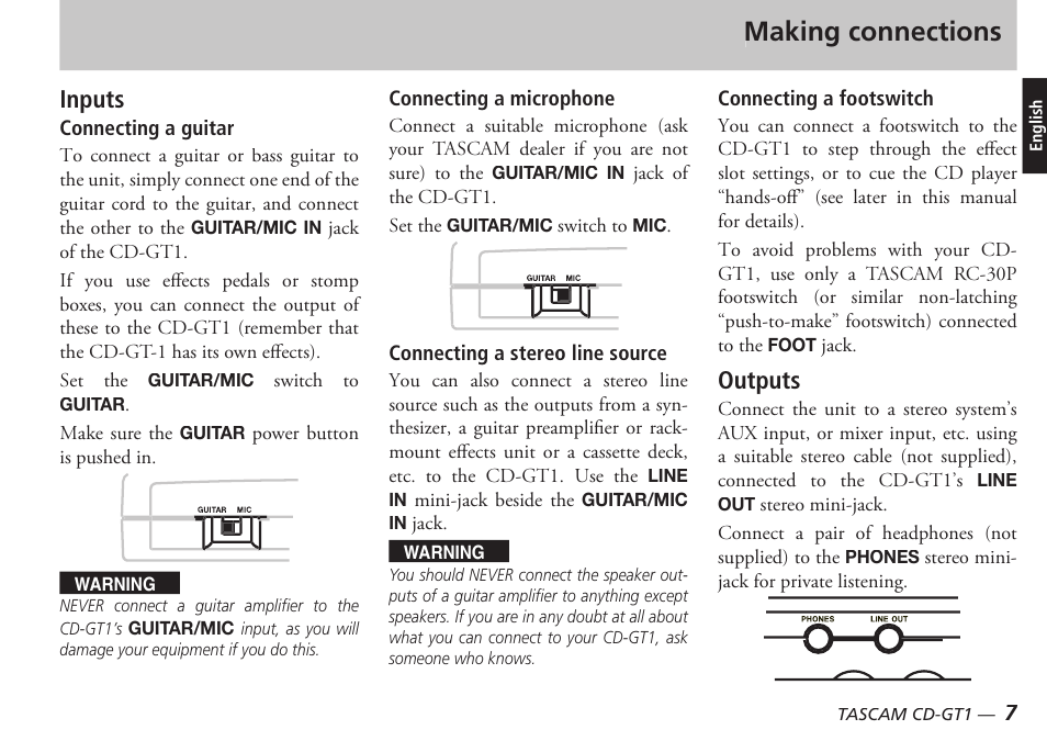 Making connections, Inputs, Outputs | Teac CD-GT1 User Manual | Page 7 / 68