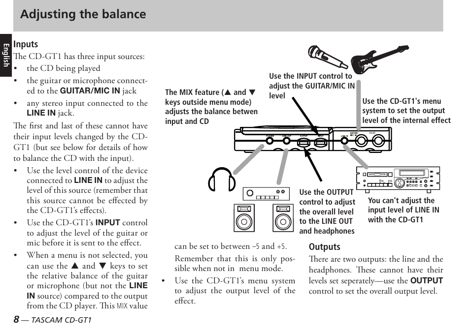 Adjusting the balance | Teac CD-GT1 User Manual | Page 8 / 68