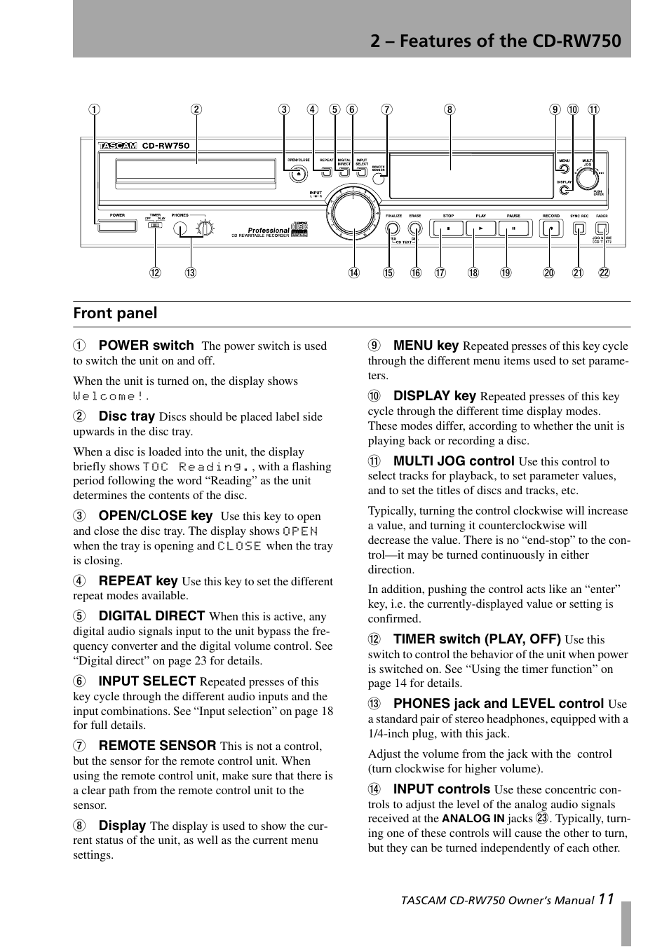 2 - features of the cd-rw750, Front panel, 2 – features of the cd-rw750 | Teac CD-RW750 User Manual | Page 11 / 30