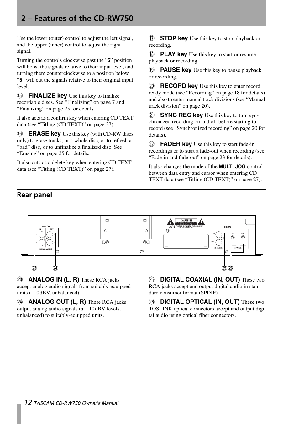 Rear panel, 2 – features of the cd-rw750 | Teac CD-RW750 User Manual | Page 12 / 30