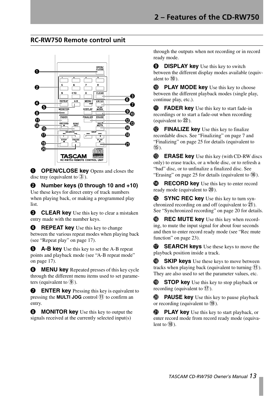 Rc-rw750 remote control unit, 2 – features of the cd-rw750 | Teac CD-RW750 User Manual | Page 13 / 30