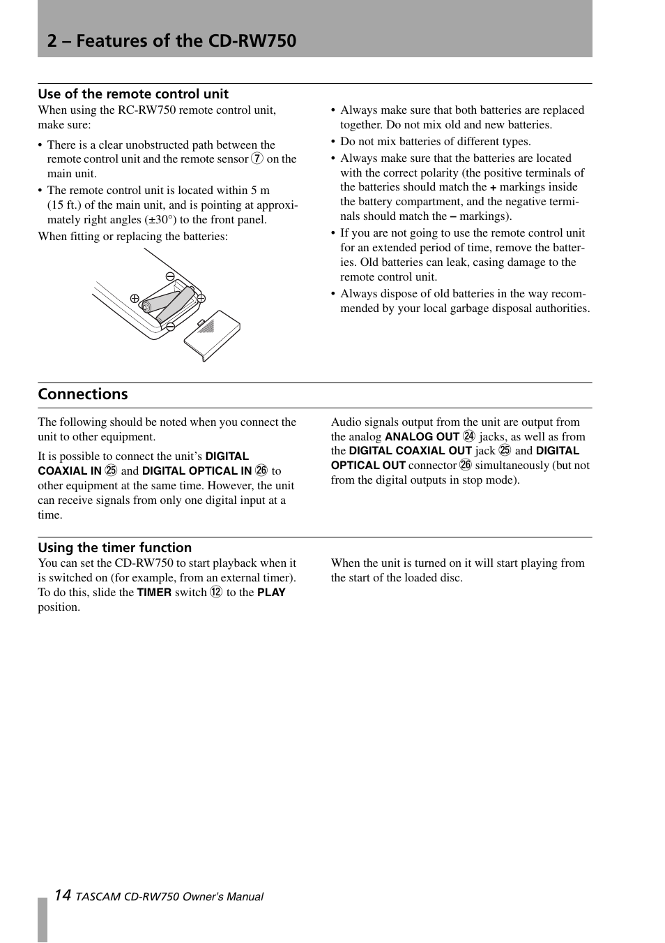 Use of the remote control unit, Connections, Using the timer function | 2 – features of the cd-rw750 | Teac CD-RW750 User Manual | Page 14 / 30