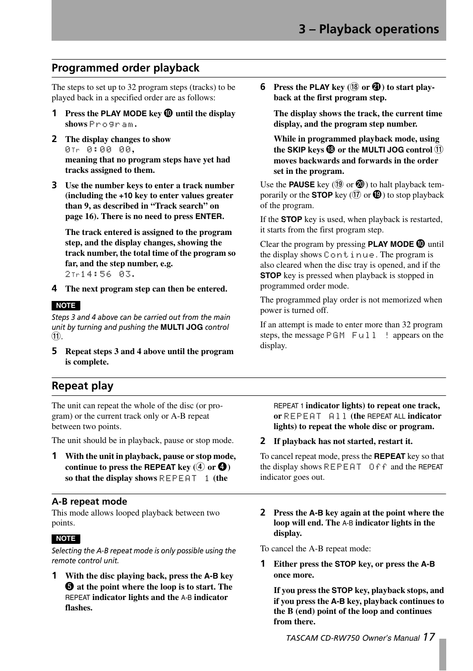 Programmed order playback, Repeat play, A-b repeat mode | See “programmed order playback, 3 – playback operations, 17 programmed order playback | Teac CD-RW750 User Manual | Page 17 / 30