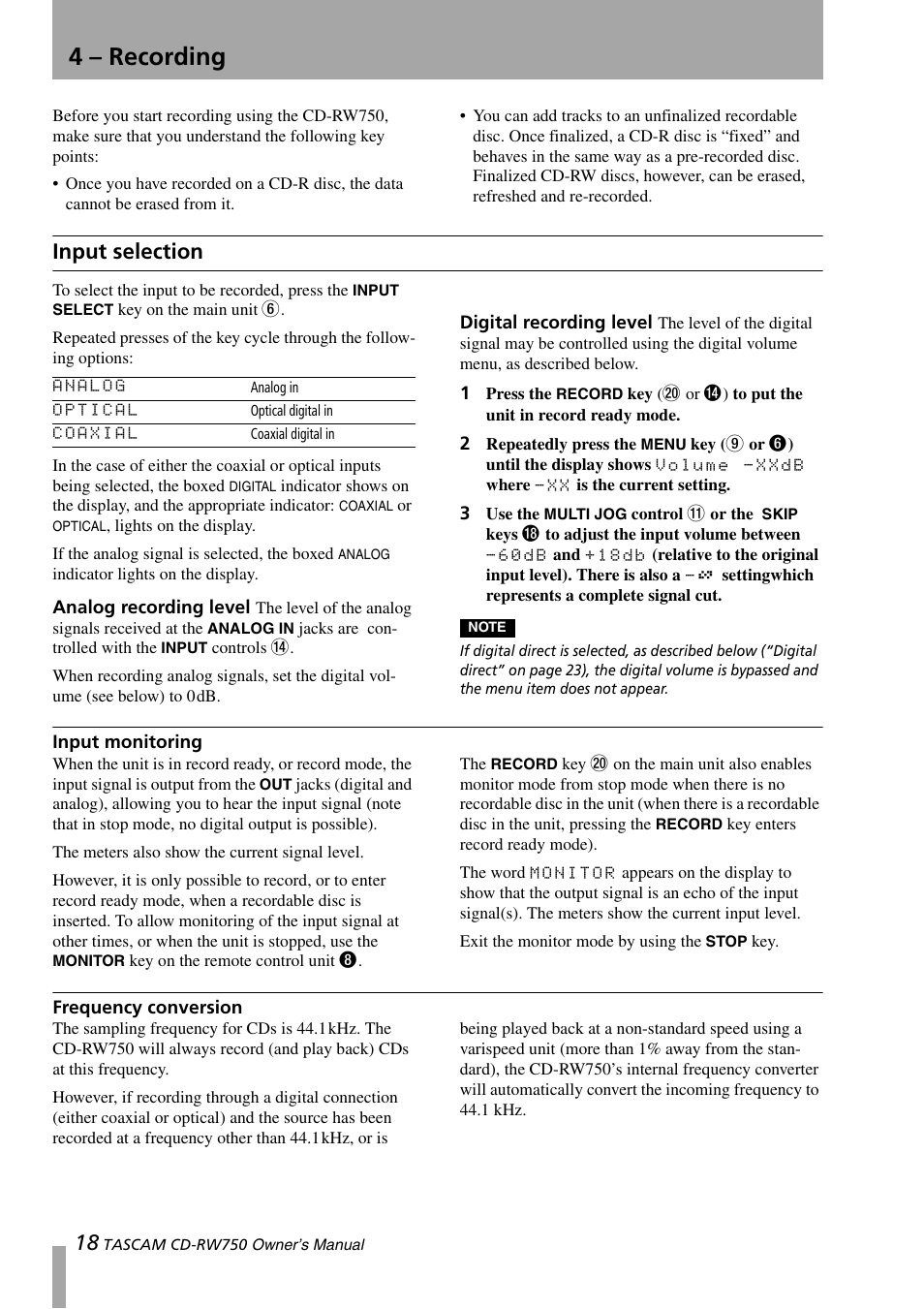 4 - recording, Input selection, Input monitoring | Frequency conversion, 4 – recording | Teac CD-RW750 User Manual | Page 18 / 30