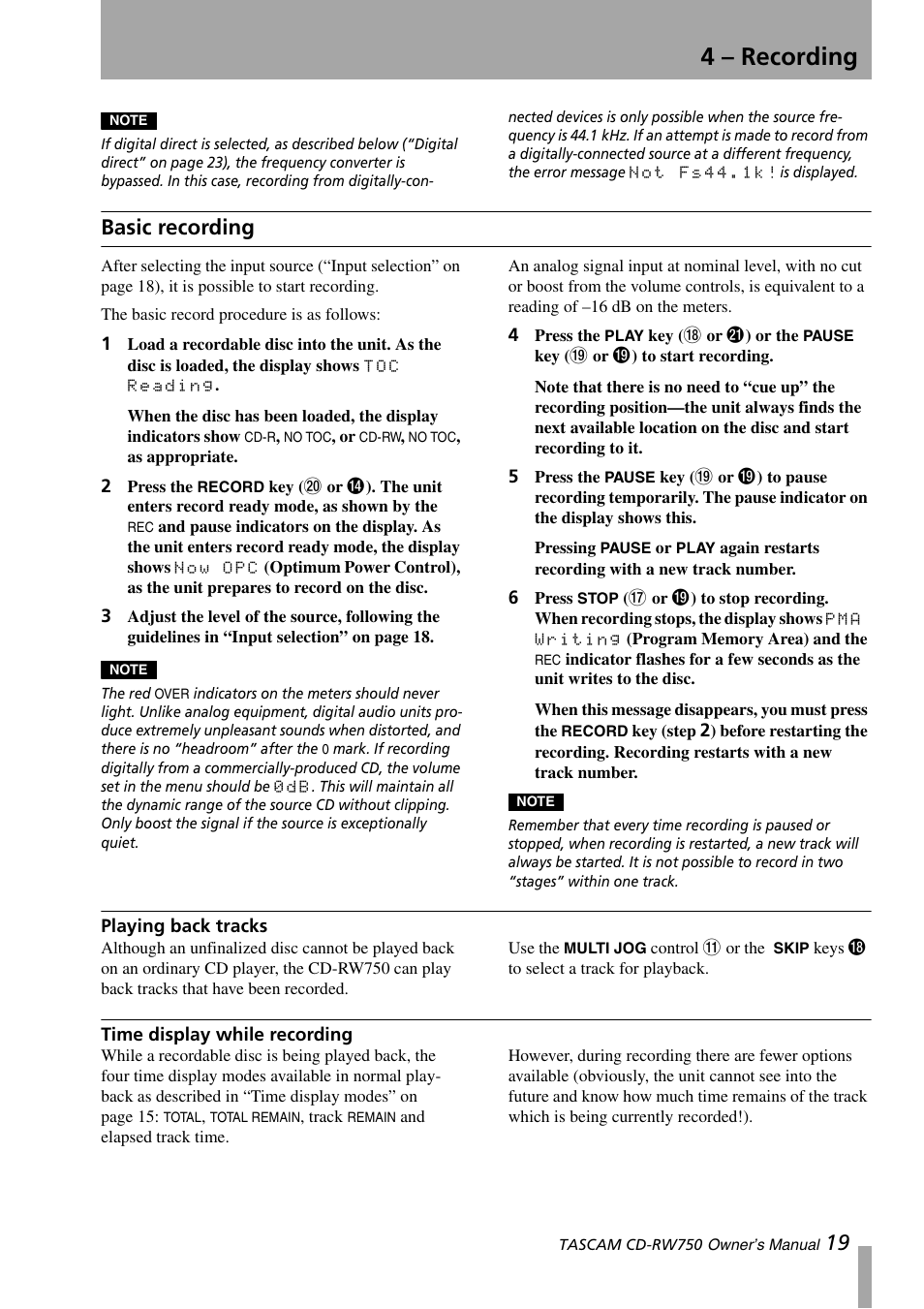 Basic recording, Playing back tracks, Time display while recording | 4 – recording | Teac CD-RW750 User Manual | Page 19 / 30