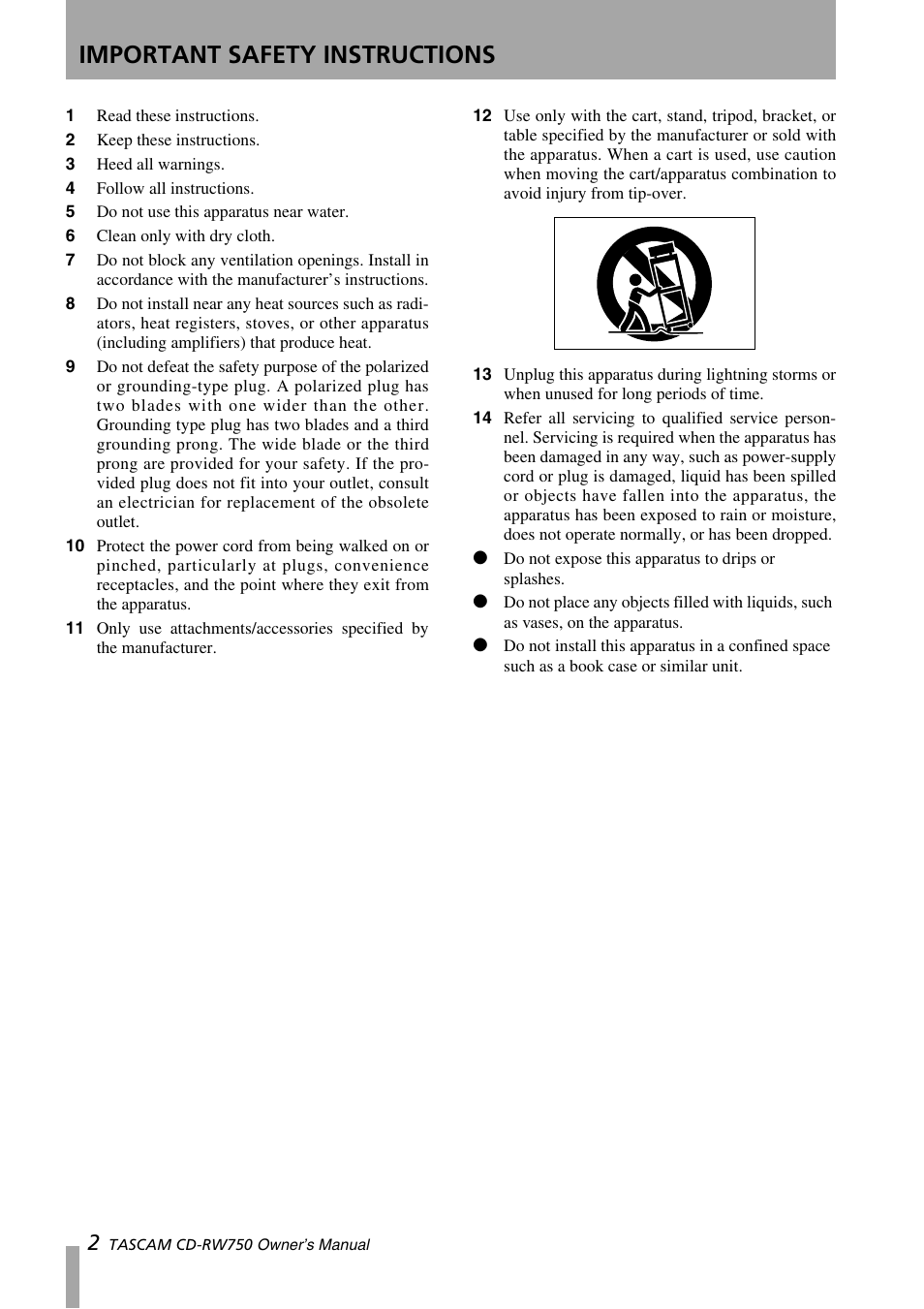 Important safety instructions | Teac CD-RW750 User Manual | Page 2 / 30