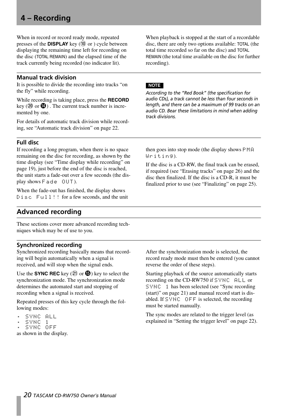 Manual track division, Full disc, Advanced recording | Synchronized recording, 4 – recording | Teac CD-RW750 User Manual | Page 20 / 30