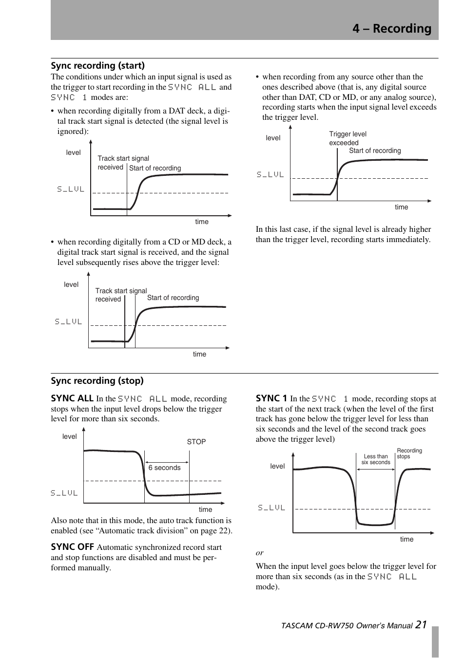 Sync recording (start), Sync recording (stop), Cted (see “sync recording | 4 – recording | Teac CD-RW750 User Manual | Page 21 / 30