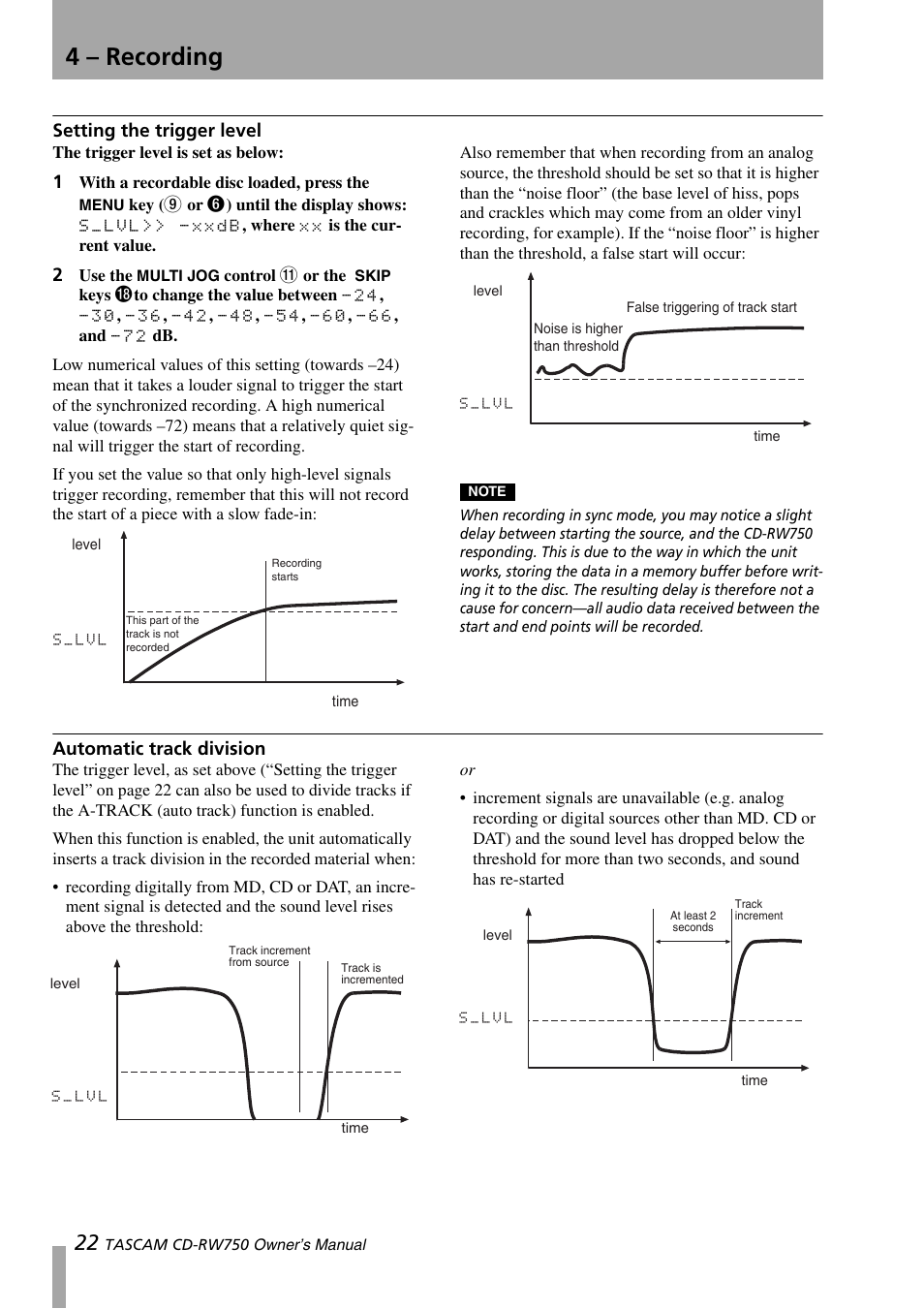 Setting the trigger level, Automatic track division, 4 – recording | Teac CD-RW750 User Manual | Page 22 / 30